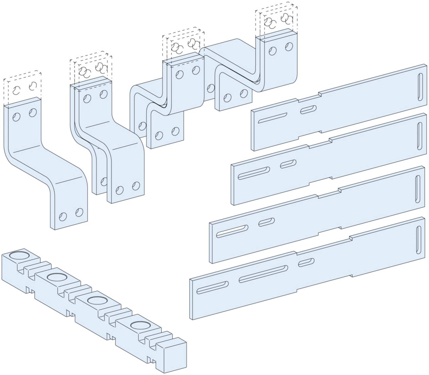 Instructions de montage pour une étagère : Présente les supports et les barres en vue éclatée, illustrant l'ordre d'assemblage des différents composants.