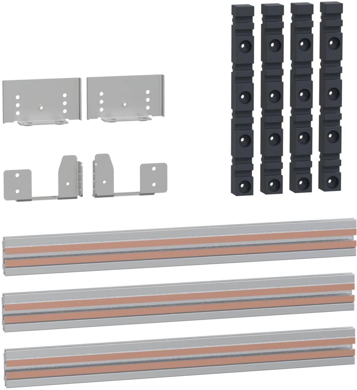 Rails métalliques et éléments de montage. En haut à gauche, deux attaches de fixation argentées, à droite des connecteurs noirs. En bas, trois rails métalliques longs et parallèles.