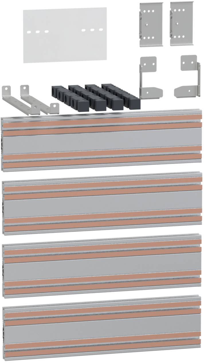 Kit d'un système d'étagères comprenant quatre étagères en métal, quatre supports et quatre entretoises. Adapté pour une installation murale.