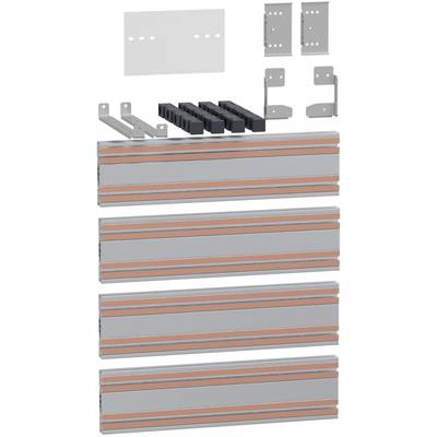 Kit d'un système d'étagères comprenant quatre étagères en métal, quatre supports et quatre entretoises. Adapté pour une installation murale.