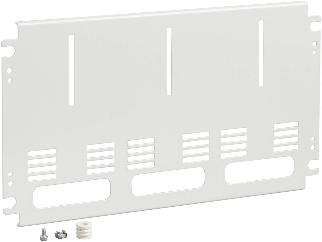 Plaque de couverture blanche avec fentes de ventilation et éléments de fixation. Adaptée pour l'installation dans des boîtiers ou des armoires électriques.