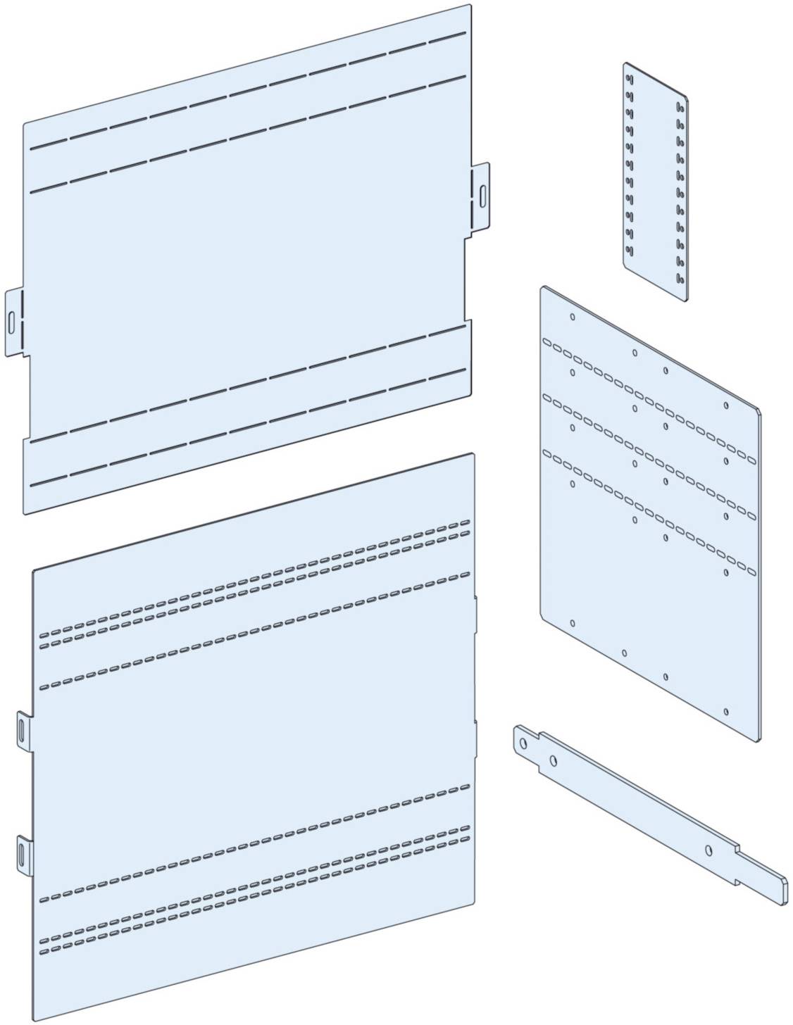 Plaques métalliques de différentes tailles avec rangées de trous de vis et supports de montage, utilisées pour des systèmes de fixation industriels.