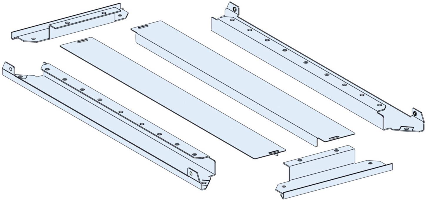 Plaques métalliques et supports de différentes tailles pour l'assemblage d'une étagère ou d'un placard, sur fond blanc.