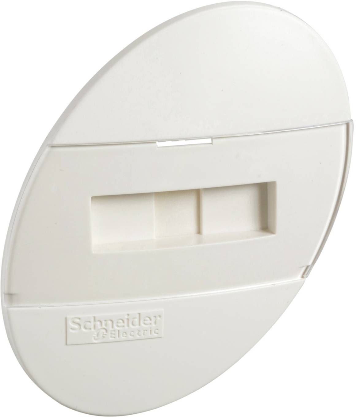 Couvercle de goulotte de câbles circulaire, blanc, de Schneider Electric, avec une découpe rectangulaire au centre. Idéal pour dissimuler les câbles.