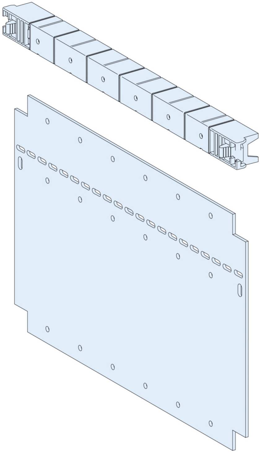 Éclaté d'un panneau bleu avec ses éléments de fixation ; illustrant la disposition et la connexion des différentes pièces.