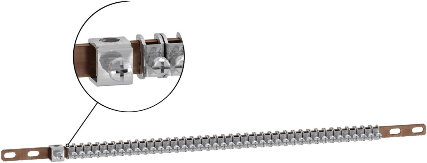 Rail métallique avec plusieurs pinces à vis pour la fixation. Un agrandissement montre une pince individuelle avec sa vis.
