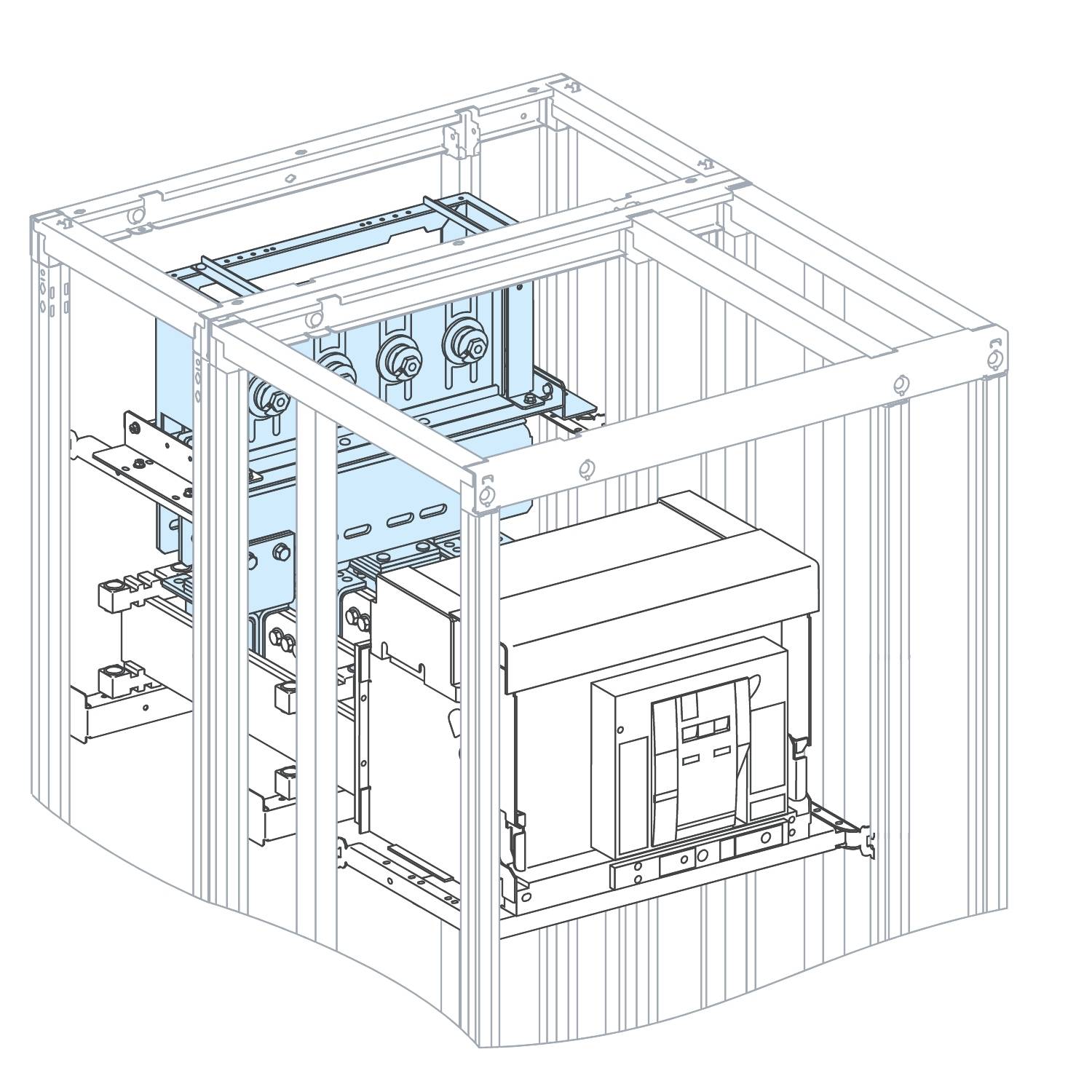 Un dessin technique d'un boîtier électrique avec des composants de câblage et des structures internes visibles.