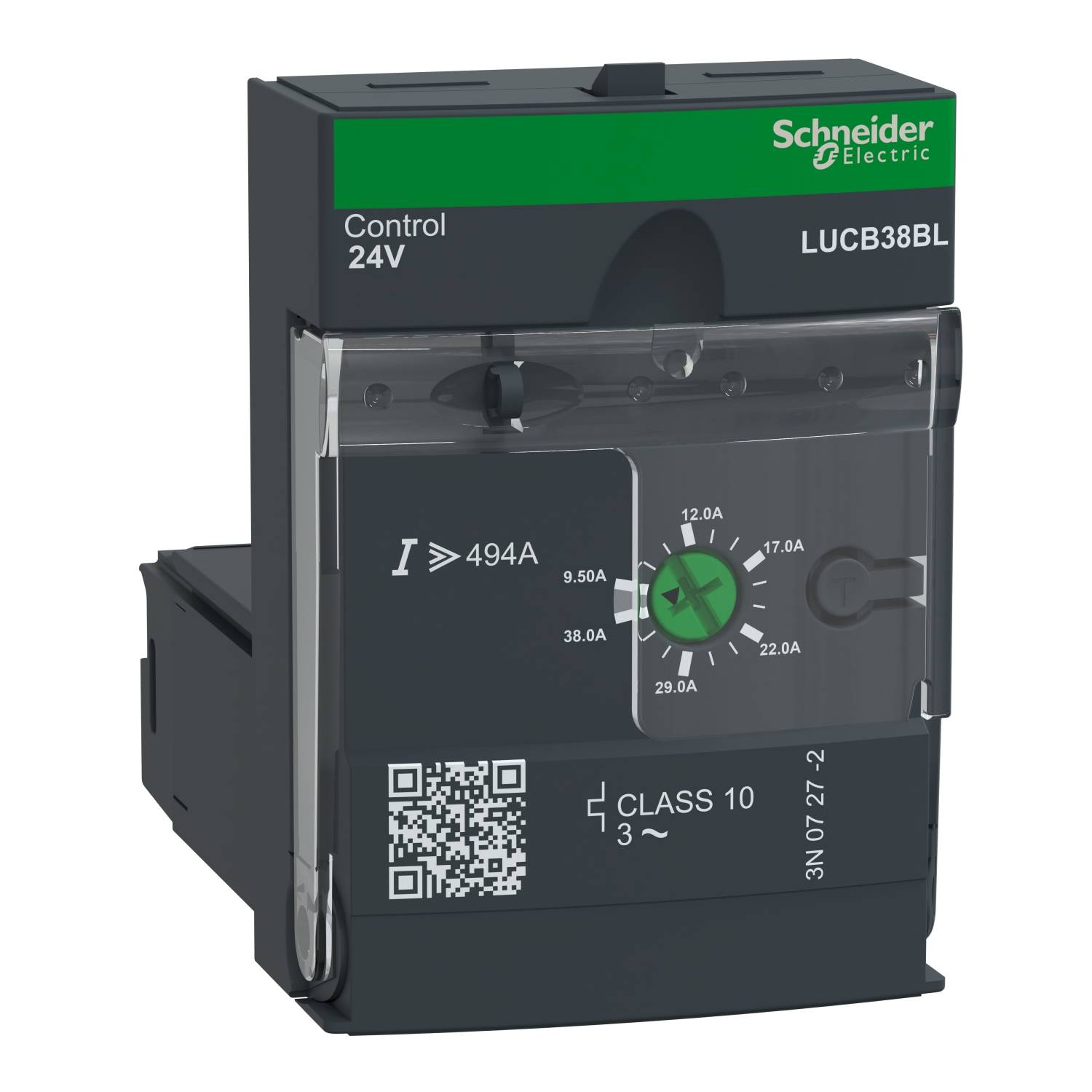 Un dispositif de démarrage de moteur portant l'inscription 'Schneider Electric Control 24V LUCB38BL', affiche des informations sur l'intensité du courant et la classe de protection.