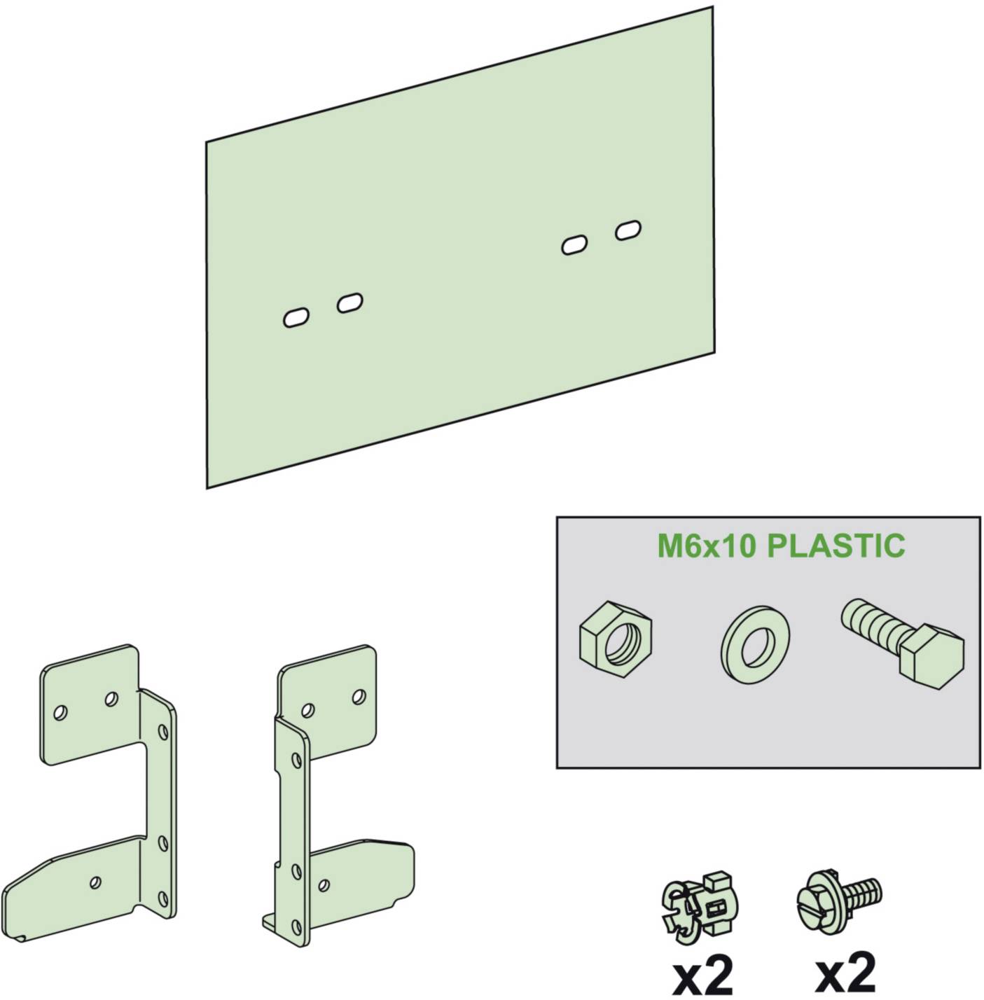 Instructions de montage : Une plaque verte avec des trous ; deux supports d'angle ; vis portant l'inscription « M6x10 PLASTIC » ; double face.