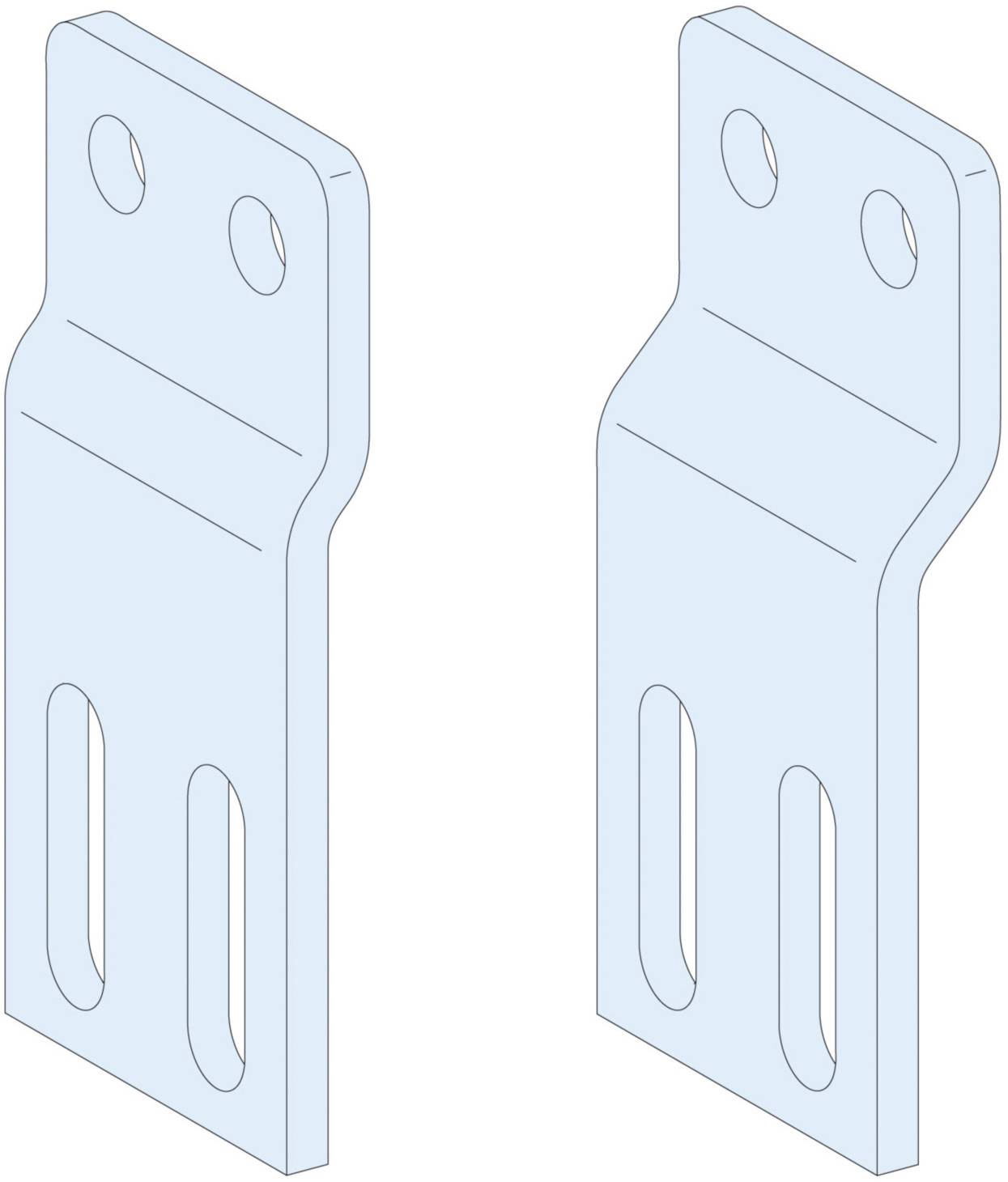 Deux équerres métalliques bleues rectangulaires, chacune dotée de deux trous de fixation ronds et deux trous de fixation oblongs, disposées verticalement côte à côte.