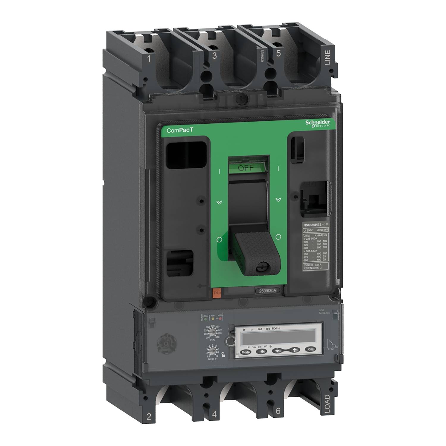 Disjoncteur en position éteinte, façade avant verte avec interrupteur et panneau de commande, parties de boîtier en noir et gris, de Schneider Electric.