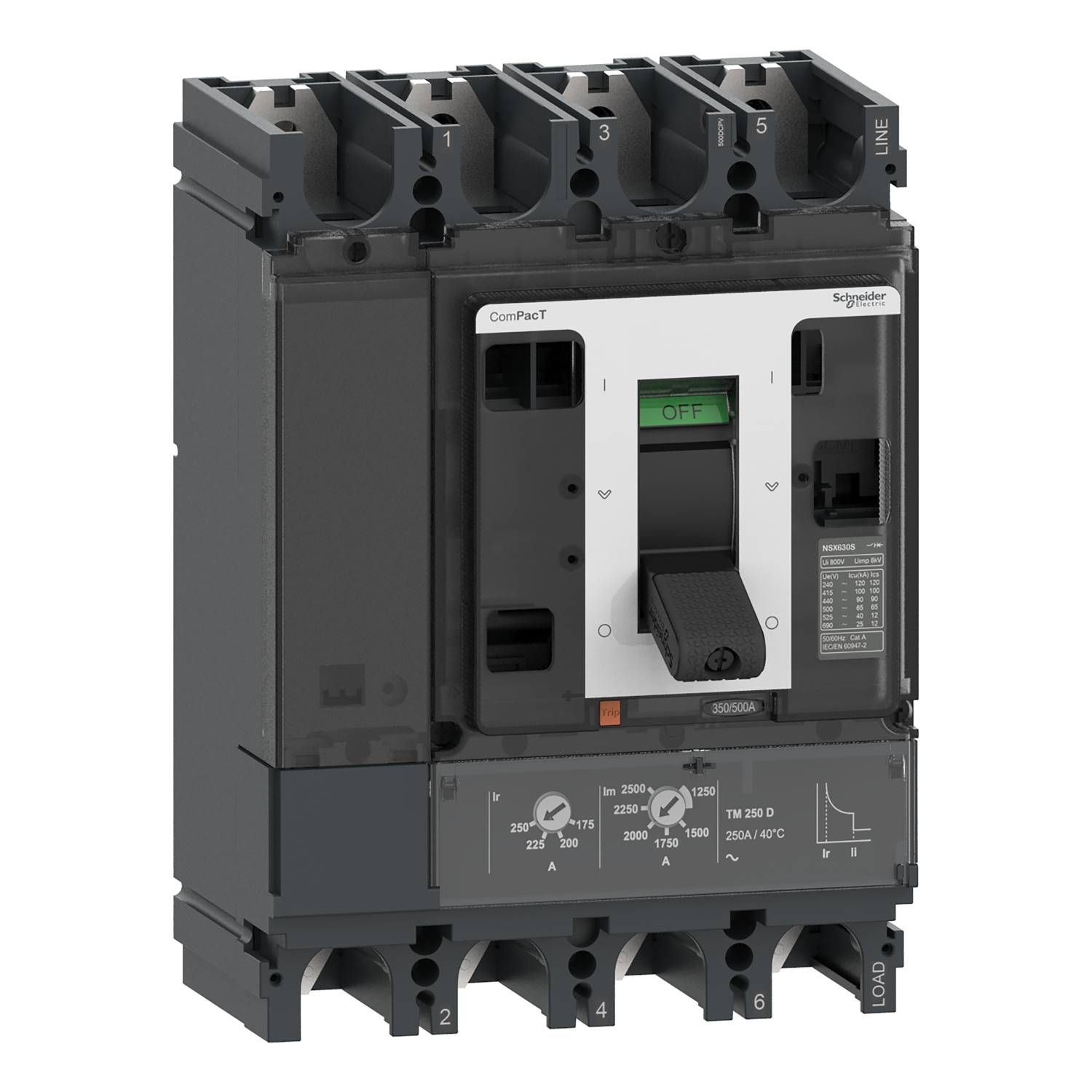 Disjoncteur de la marque Schneider Electric. Boîtier noir avec un interrupteur vert au centre. Marquages en ampères en bas.
