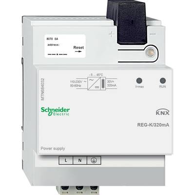 Dispositif électrique de commutation de Schneider Electric ; Modèle : REG-K/320mA. Vue de face avec alimentation électrique et bouton de réinitialisation.