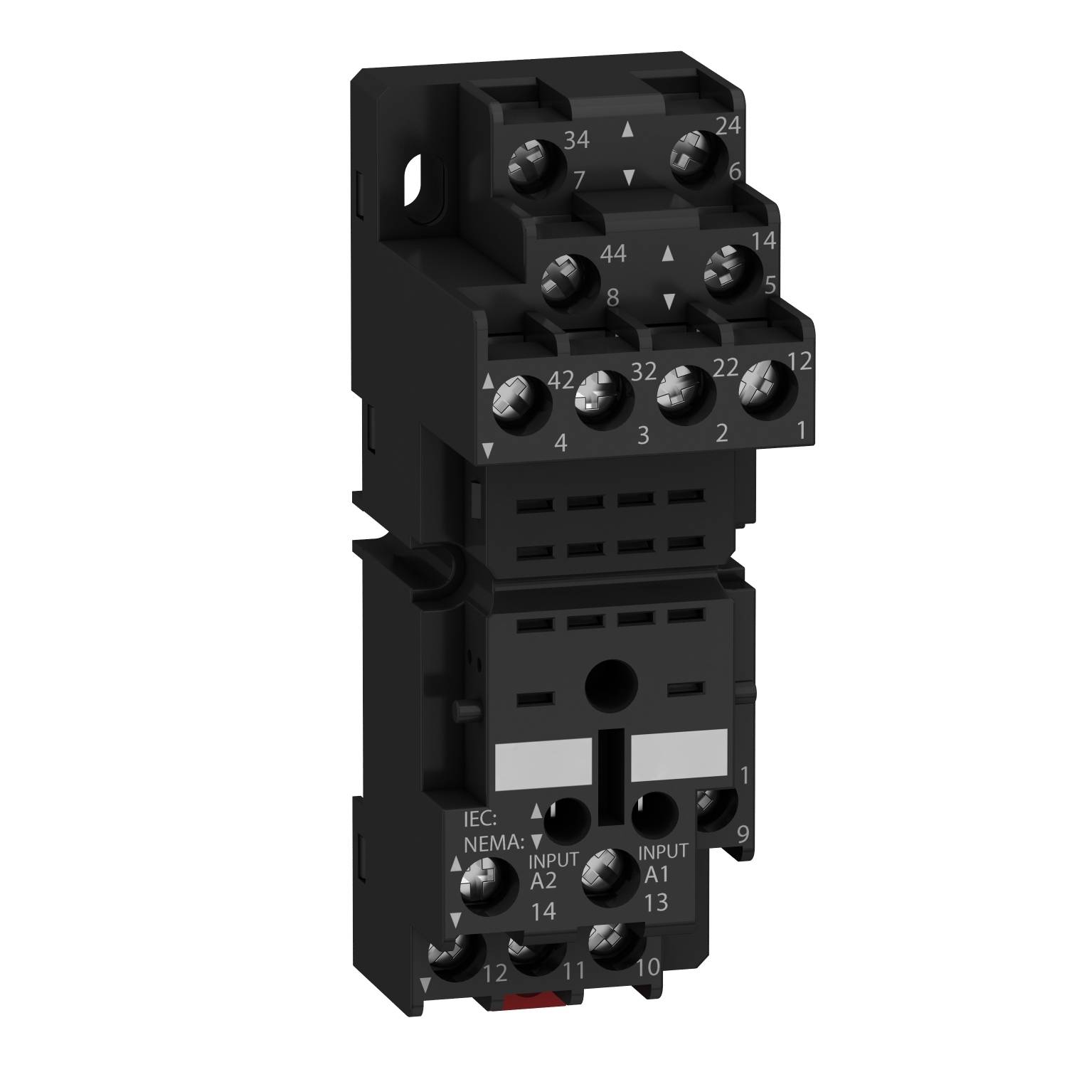 Un interrupteur électronique noir avec plusieurs bornes à vis et connexions, disposé verticalement, montre des dispositifs techniques.