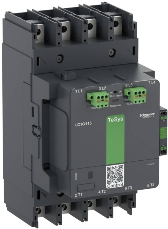Un disjoncteur gris de Schneider Electric avec des détails verts et noirs, modèle 'TeSys', avec des connexions en haut et en bas.
