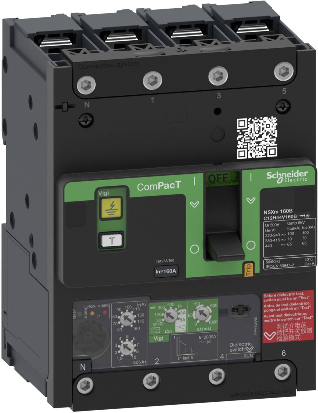 Un disjoncteur Schneider Electric de la série "ComPacT", numéro de modèle NSXm160B, avec un levier de désarmement et un code QR sur la face avant.