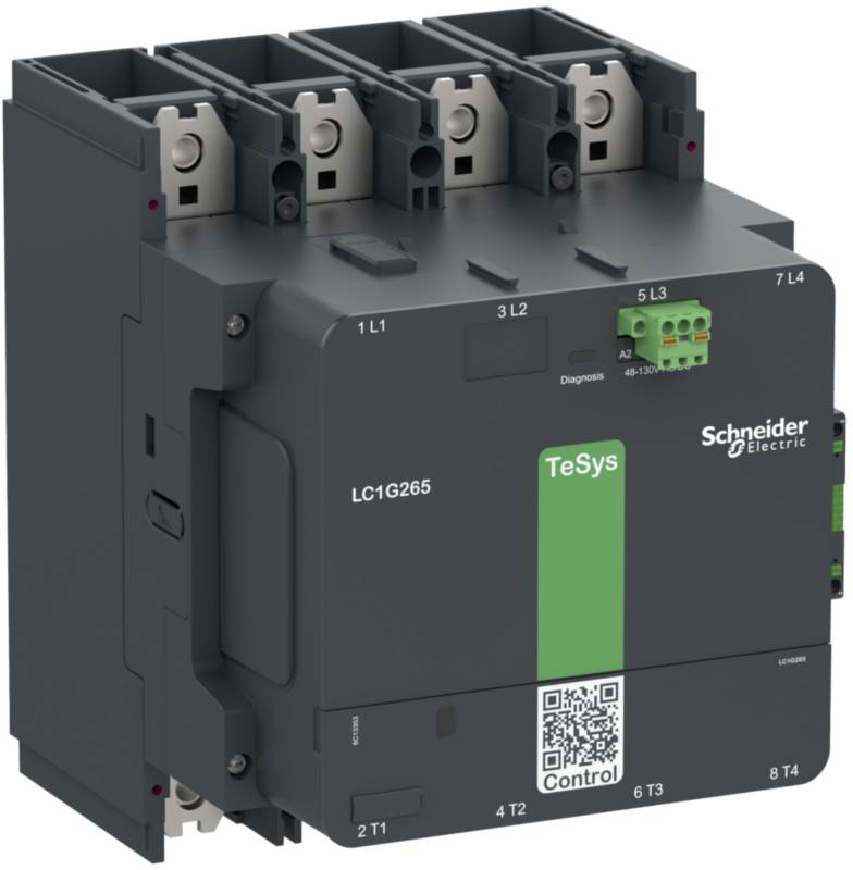Disjoncteur électrique de marque Schneider Electric, modèle TeSys, de couleur sombre. Comprend des bornes de connexion et un code QR.