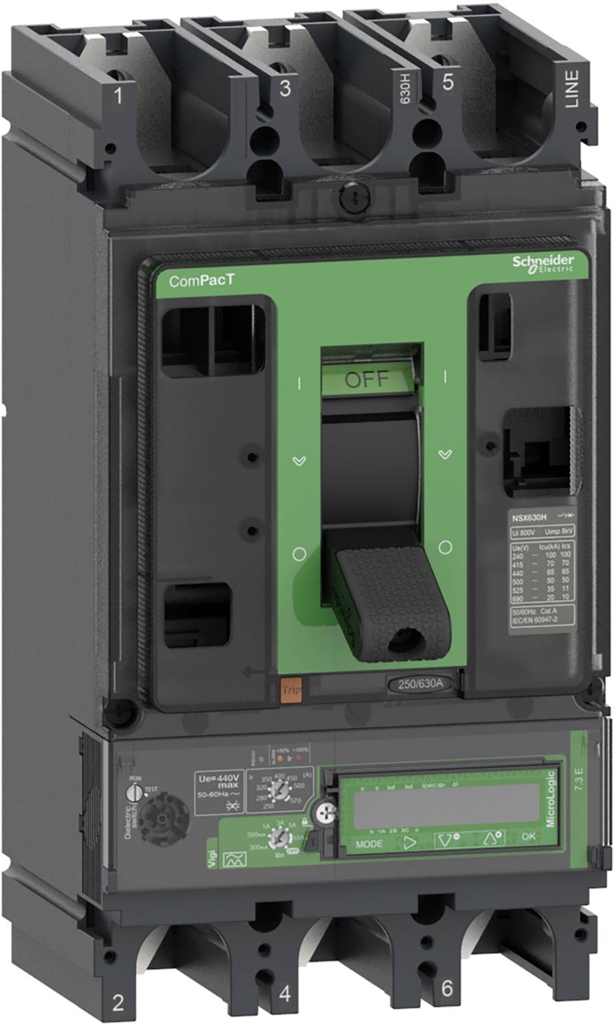 Un disjoncteur vert avec un levier noir, étiqueté 'OFF'. Le nom du fabricant 'Schneider' est visible.