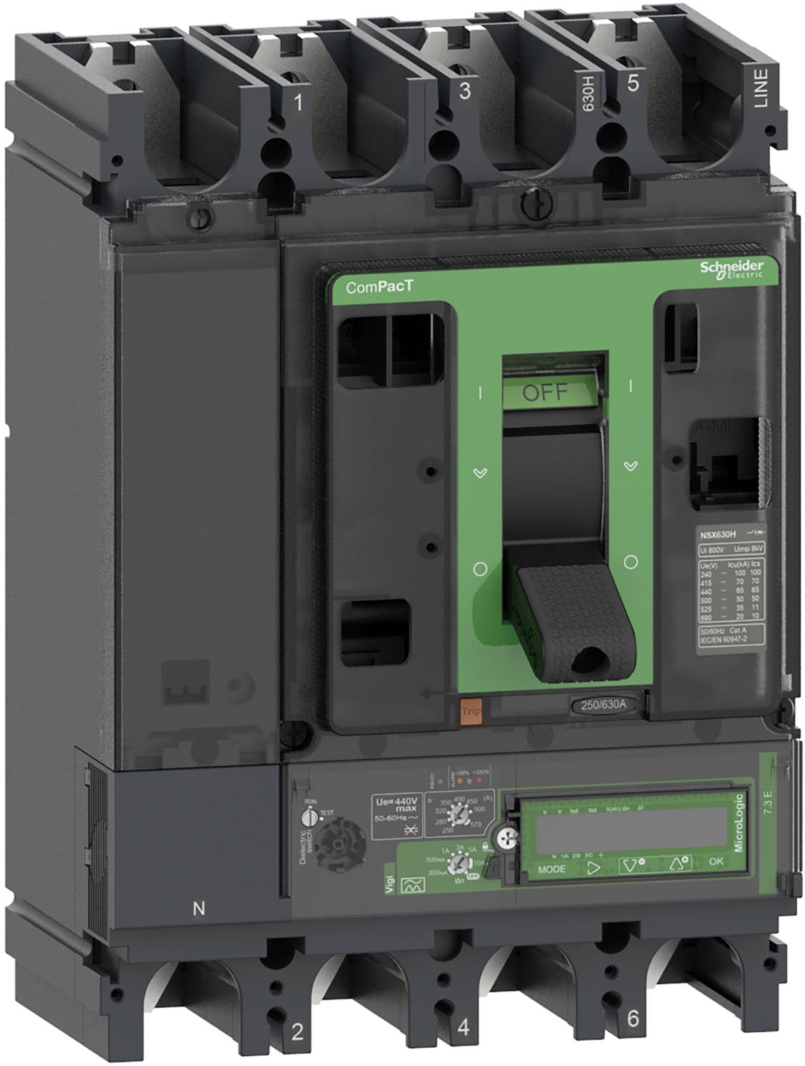 Disjoncteur de la marque Schneider Electric, modèle ComPacT NSX250F, affichant les positions 'ON' et 'OFF' sur un panneau de commande vert.