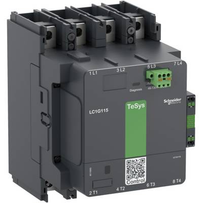 Contacteur avec marquage vert TeSys et Schneider Electric, code QR en bas, bornes de connexion en haut, numéro de modèle LC1G115.