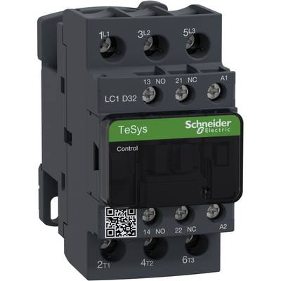 Contacteur Schneider Electric TeSys LC1 D32 avec code QR, six bornes de connexion en haut, quatre en bas, boîtier noir avec étiquette verte.