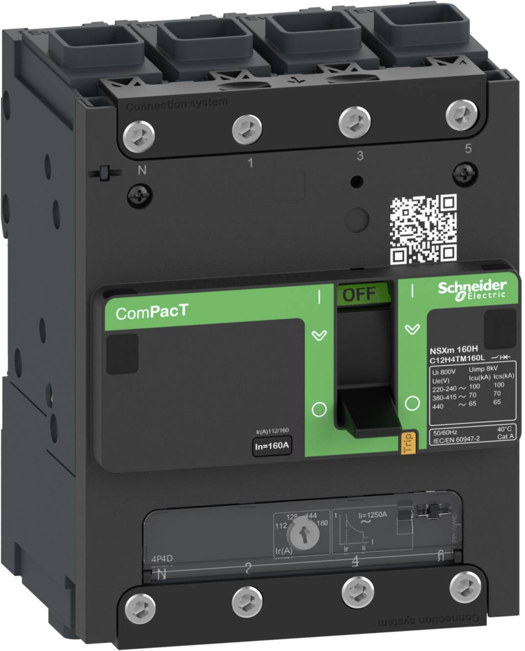 'Disjoncteur Schneider Electric ComPacT NSXm, design vert et noir, intensité de courant 160A.'