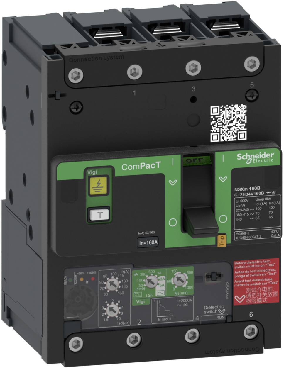 Disjoncteur dans un boîtier noir de Schneider Electric avec l'inscription verte 'ComPacT', interrupteur et plusieurs indicateurs.