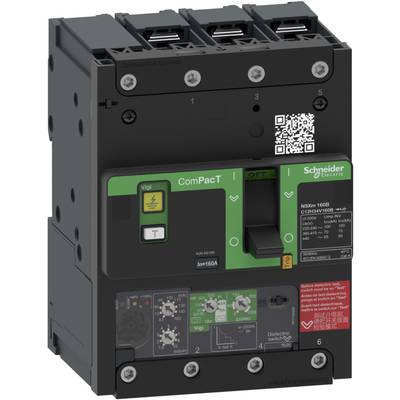 Disjoncteur dans un boîtier noir de Schneider Electric avec l'inscription verte 'ComPacT', interrupteur et plusieurs indicateurs.