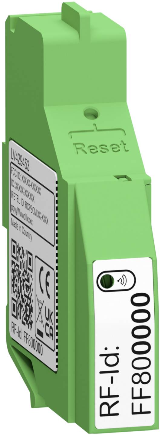 Un module électrique vert avec un bouton 'Reset' et un code QR. L'étiquette de texte indique 'RF-Id: FF8000000'.