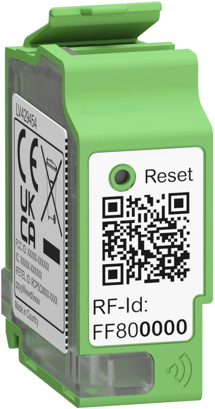 Composant électronique vert avec code QR, bouton de réinitialisation, marquage CE et numéro de série 'FF800000'.