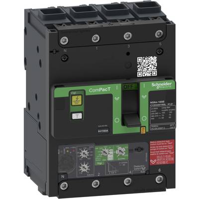 'Disjoncteur Schneider Electric ComPacT NSXm avec code QR, bouclier vert et indicateurs visuels d'état de commutation.'