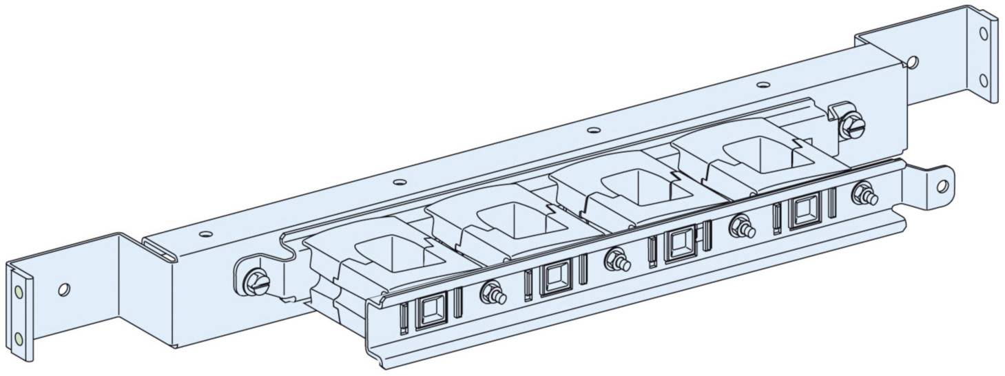 Un diagramme technique présente un bloc multiprise quatre prises pour montage en rack 19 pouces, avec rails de fixation et supports.