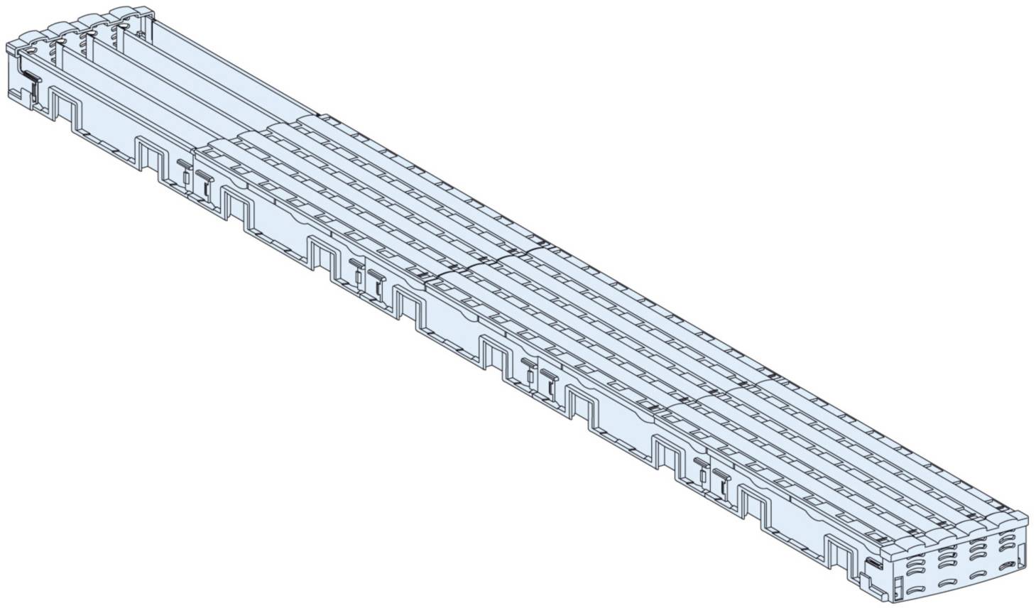 Dessin technique d'un composant long, rectangulaire et à plusieurs parties, présentant des cavités et des reliefs symétriques, coloré en bleu clair.