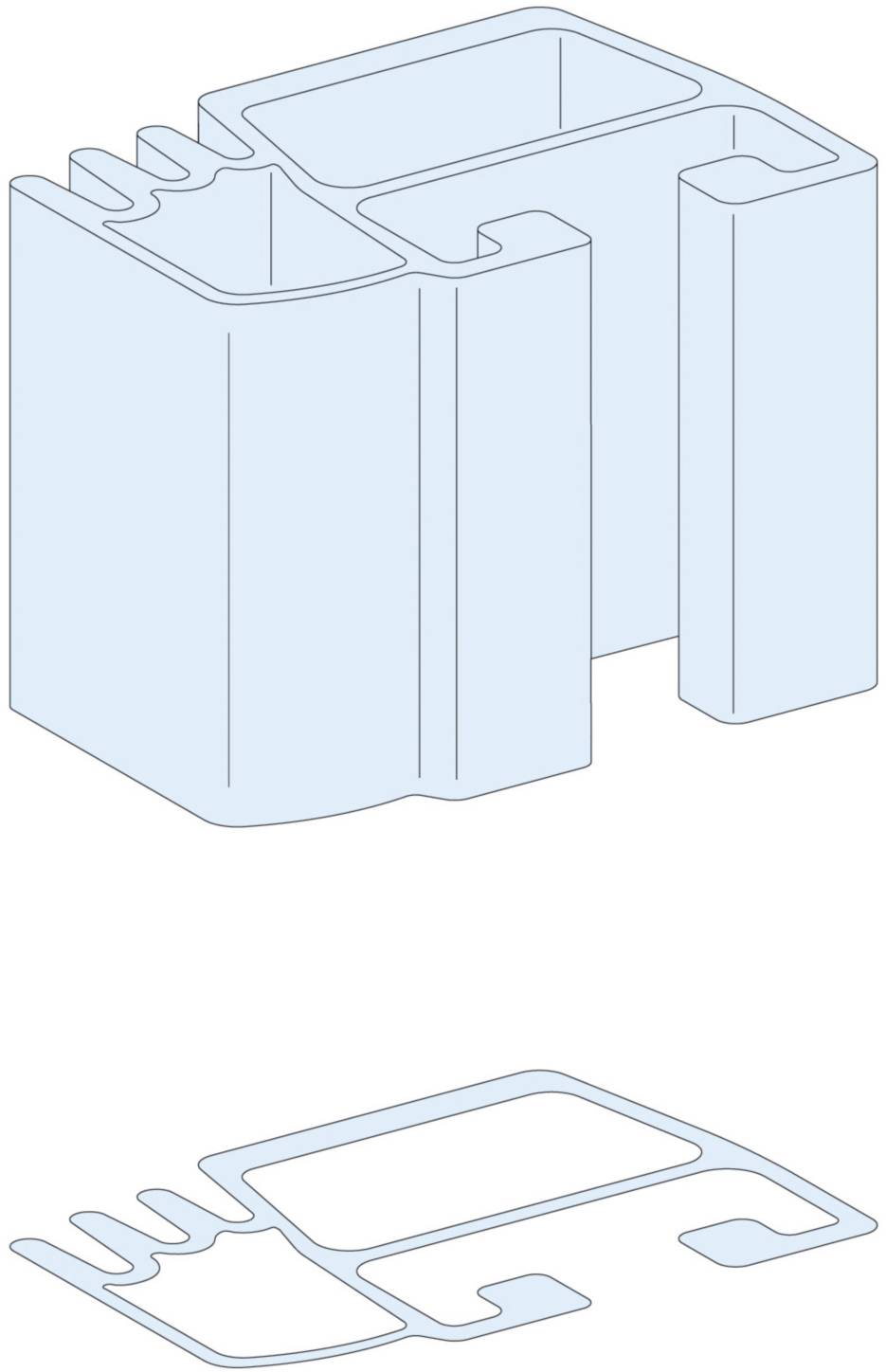 Représentation schématique d'un profil de construction complexe avec différentes indentations verticales et horizontales et des canaux.