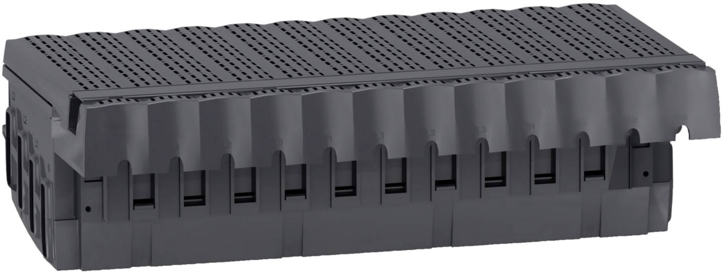 Boîte en plastique noir rectangulaire avec un couvercle amovible perforé. Utilisée pour le stockage ou la protection d'objets.