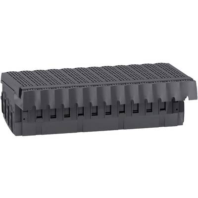 Boîte en plastique noir rectangulaire avec un couvercle amovible perforé. Utilisée pour le stockage ou la protection d'objets.