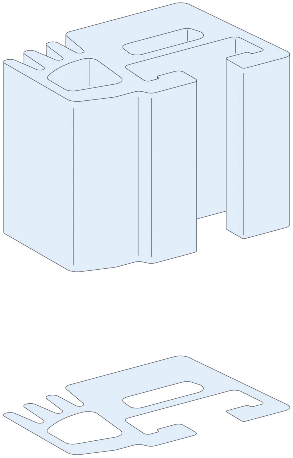 Dessin technique tridimensionnel montrant une pièce à deux parties, composée d'un corps principal rectangulaire et d'une plaque plate.