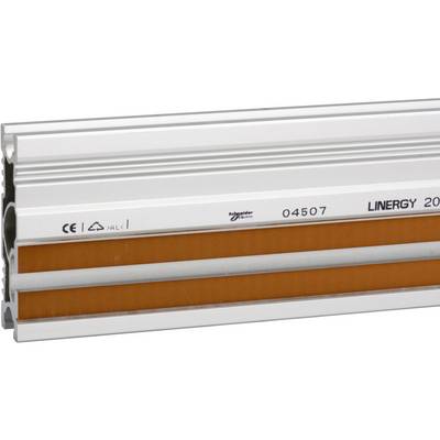 Profilé en aluminium de couleur argent avec insert orange, marqué du logo 'Linergy' et 'Schneider Electric'. Doté de symboles techniques.