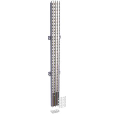 Coupe verticale d'un distributeur électrique métallique avec plusieurs lignes parallèles, supports et système de montage.