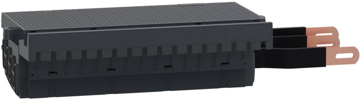 Composant électronique noir de forme rectangulaire avec deux connexions de couleur cuivre sur le côté droit.