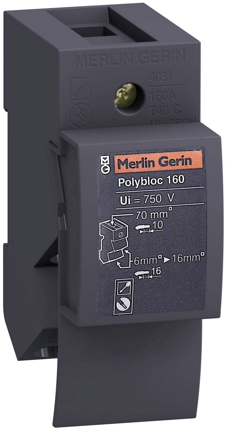 Porte-fusible 'Merlin Gerin Polybloc 160' pour 750 V, présente un manuel de montage avec un schéma et des dimensions pour le diamètre des câbles.