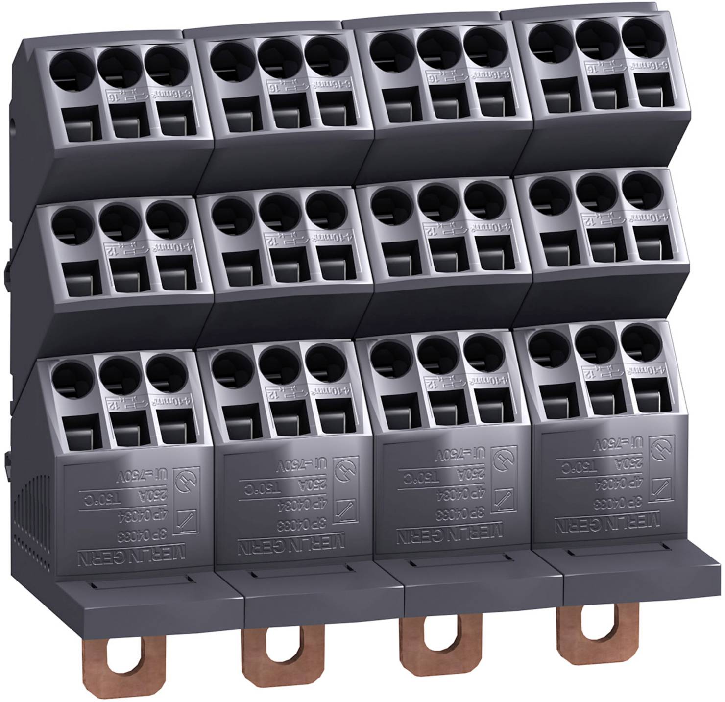 Une barrette de bornes à plusieurs niveaux avec plusieurs ports raccordables pour des lignes électriques, structurée en trois rangées superposées.