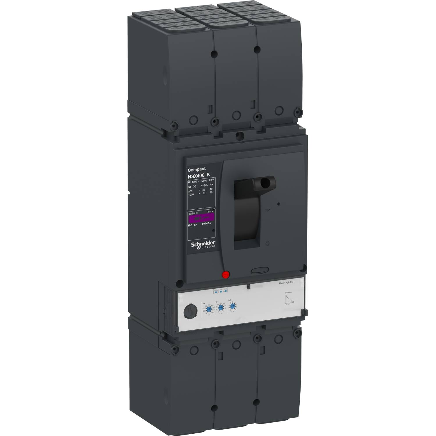 'Disjoncteur Compact NSX630N de Schneider Electric'. Appareil électrique rectangulaire gris foncé, vue de face, bouton de commande visible.