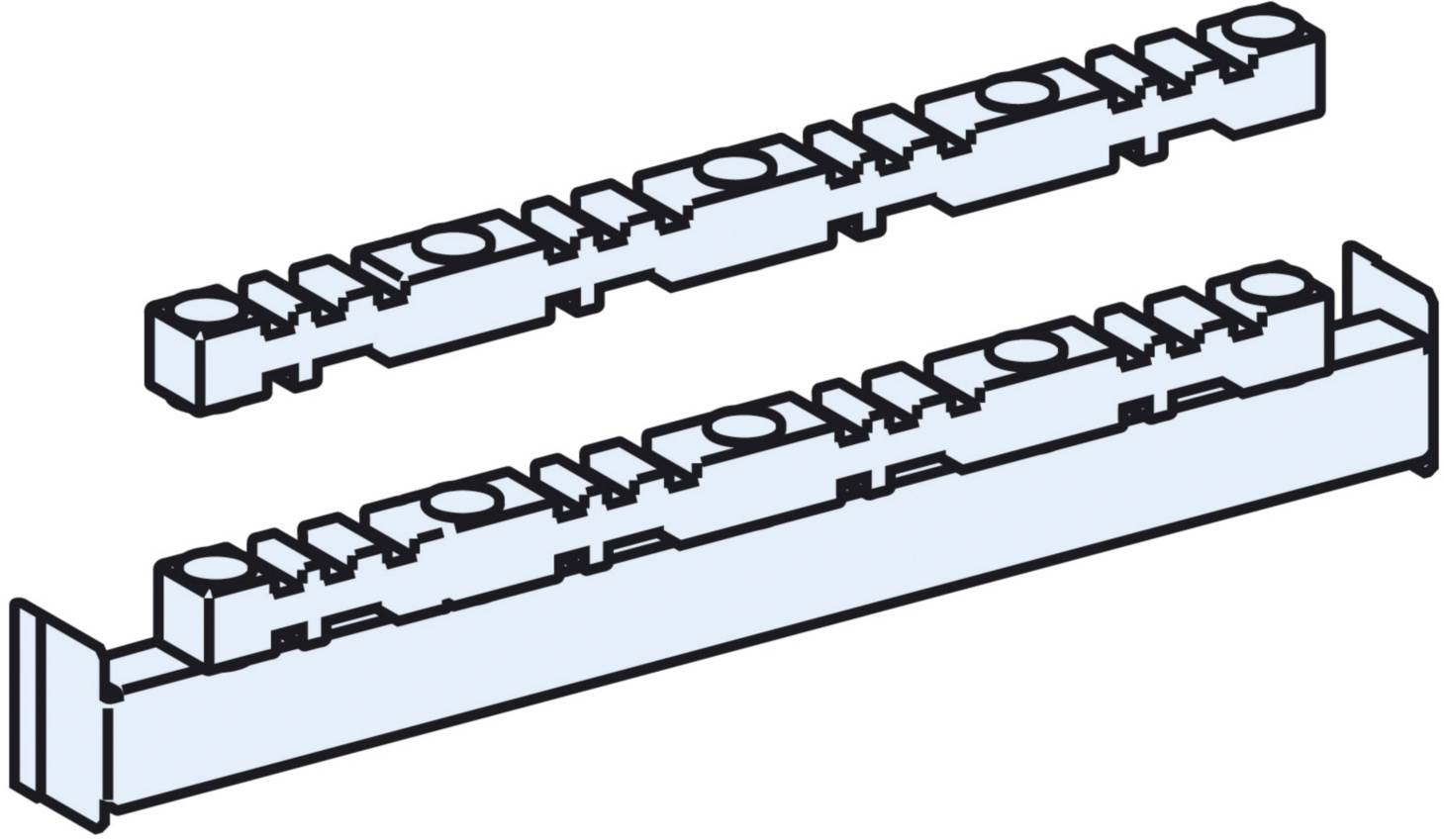 Deux dessins techniques de composants oblongs bleuâtres avec des cavités rondes et des éléments de fixation latéraux.