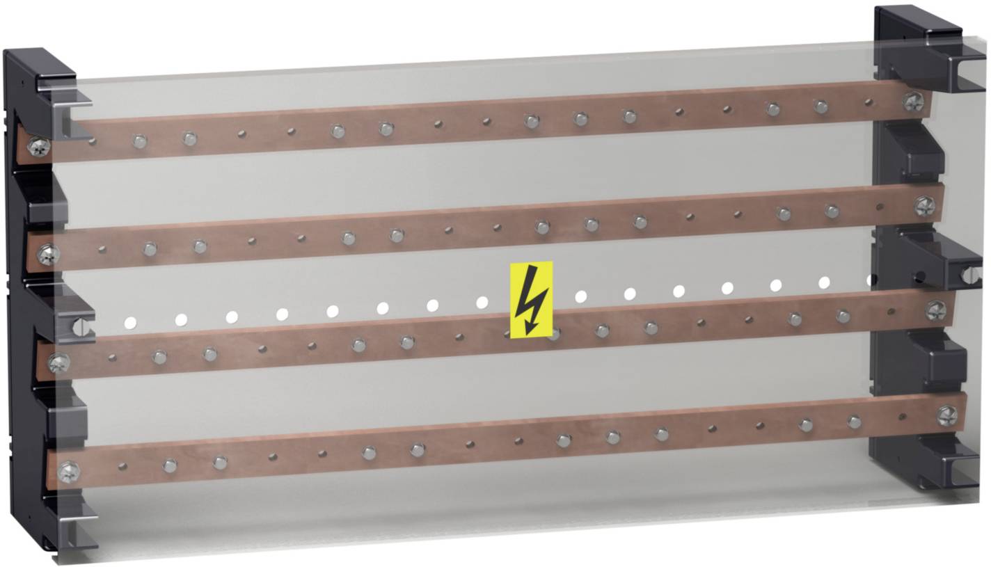 Un dispositif électrique de distribution rectangulaire à boîtier transparent montre trois barres de cuivre horizontales et un symbole d'avertissement.