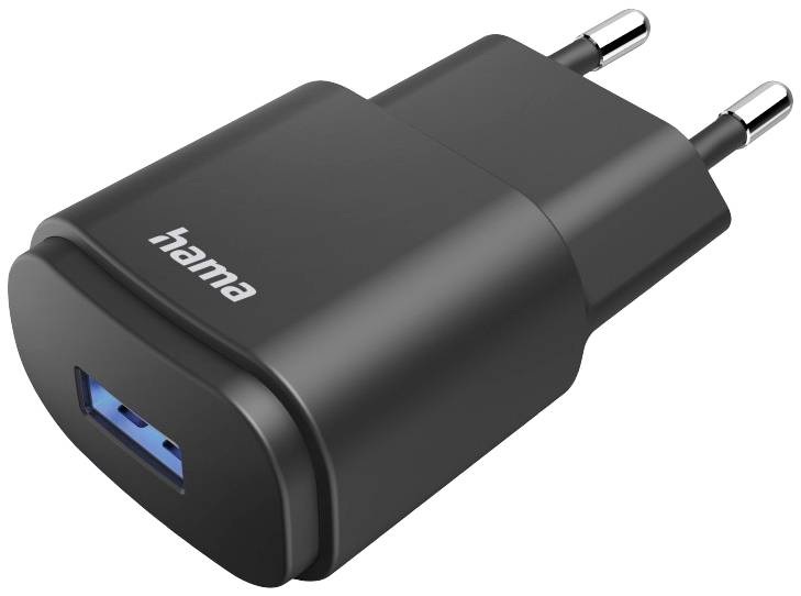 Chargeur USB noir pour prise électrique avec fiche européenne et un port USB.