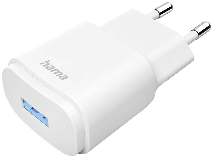Un chargeur USB blanc avec une fiche européenne. La marque 'hama' est visible dessus.