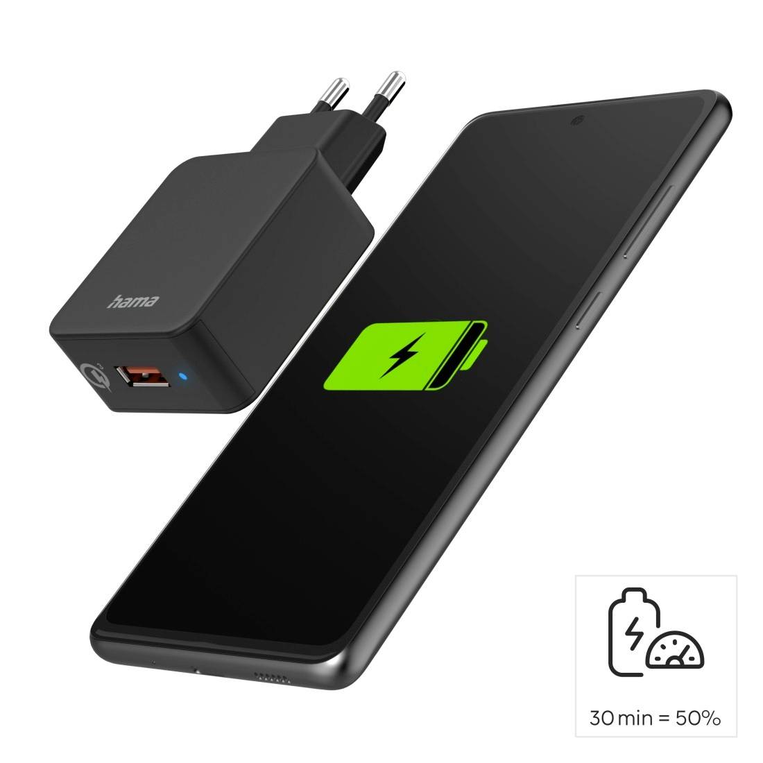 Smartphone et chargeur ; un symbole de batterie vert s'affiche sur l'écran. Texte en bas à droite : « 30 min = 50% » indiquant la capacité de charge rapide.