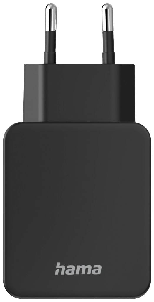 Chargeur noir de la marque Hama avec deux fiches. Conçu pour les prises électriques européennes.
