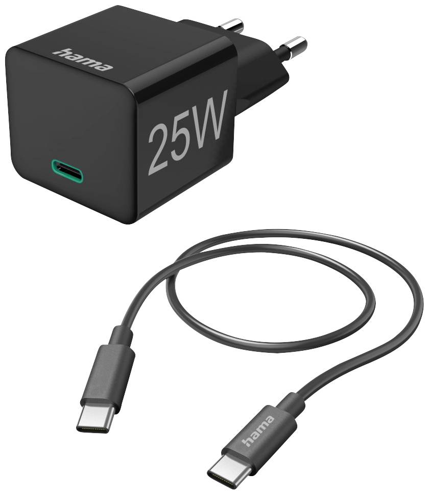 Chargeur USB-C noir de 25W avec câble USB-C assorti. Le chargeur est équipé de deux broches rondes de type européen.